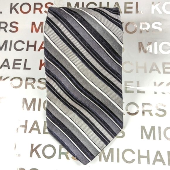 MICHAEL Michael Kors Men's Striped Silk Necktie in Silver & Blue - Picture 1 of 7